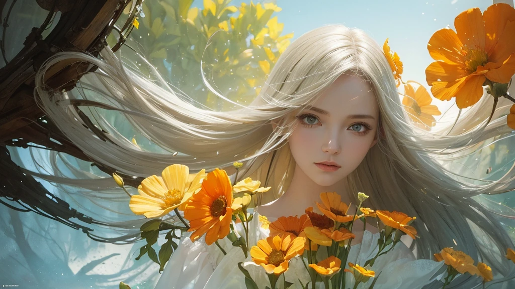 32k, Masterpiece, highest quality, One girl, Detailed eyes, flower,Sandersonia, Yellow and white style,A dreamy, romantic piece,Pale orange, Mysterious Leaves,A playful arrangement,Fantasy,High Contrast,Ink strokes,explosion,Exposure, Impression of yellow and white tones,Abstract,((Watercolours by John Berkey and Jeremy Mann )) Brush strokes,Negative Space, Tyndall effect,