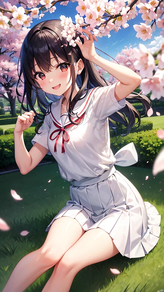 High resolution、high resolution、8k、16k、White Sailor Suit、Red ribbon、Navy blue mini pleated skirt、Short black hair、Japanese Girl、SakuraFubuki、Cherry tree、Cherry blossom、Spring weather、smile、whole body、Cherry Blossom Viewing、cute、cute、beautiful girl、Are standing、Blushing、Blushing、恥ずかしそうなsmile、garden