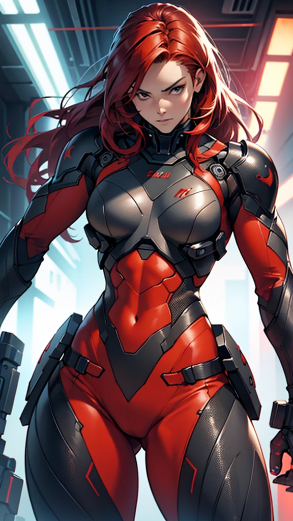 Beautiful cybernetic girl detailed muscles realistic masterpieces full figure pose (best quality,ultra-detailed), red hair, fair skin, fit body, slim figure, narrow waist, large buttocks, (cocky expression), combat gear, black mobile battle suit, dynamic poses - auto