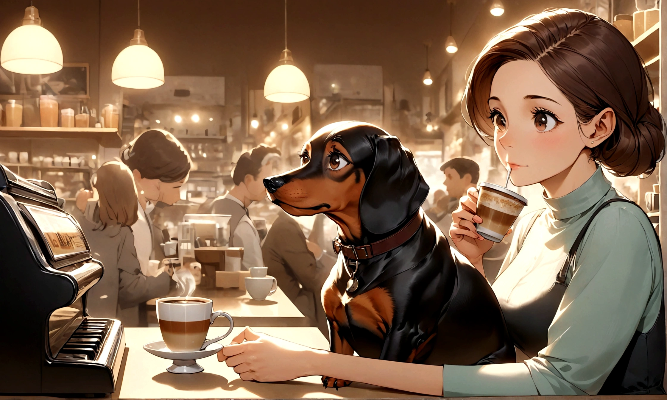 Picture the interior of a retro coffee shop. Smooth live jazz music can be heard inside the store, creating a nostalgic atmosphere. A woman sits at the counter, holding a small cup of coffee in her hand and sipping it leisurely. A  miniature dachshund sits next to the woman, enjoying coffee together with a calm expression on his face.
Use soft colors and detailed line drawings to give the entire image a warm, jibri-animated feel. Use detailed rendering for the woman and the miniature dachshund to give the characters a sense of attachment.