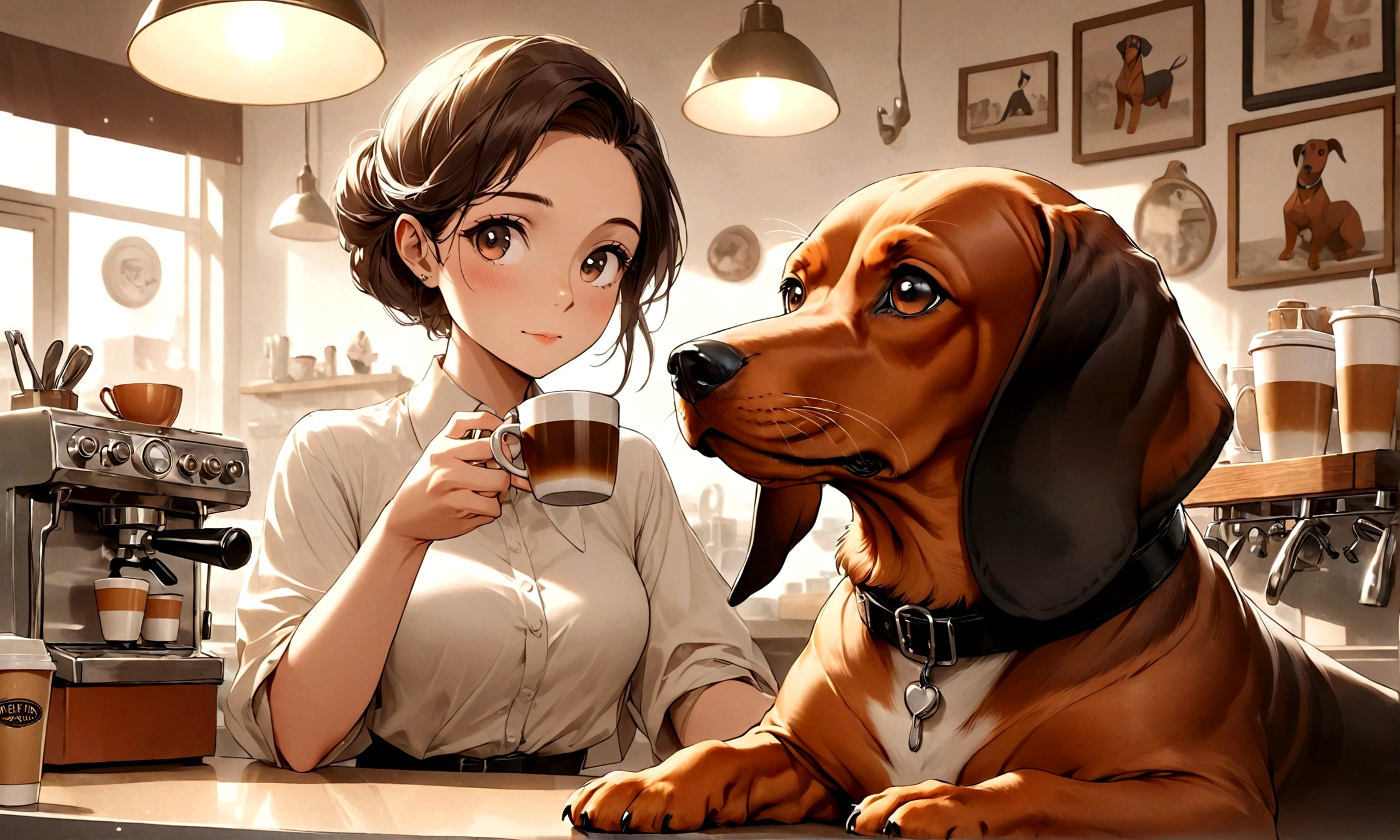 Picture the interior of a retro coffee shop. Smooth live jazz music can be heard inside the store, creating a nostalgic atmosphere. A woman sits at the counter, holding a small cup of coffee in her hand and sipping it leisurely. A  miniature dachshund sits next to the woman, enjoying coffee together with a calm expression on his face.
Use soft colors and detailed line drawings to give the entire image a warm, jibri-animated feel. Use detailed rendering for the woman and the miniature dachshund to give the characters a sense of attachment.