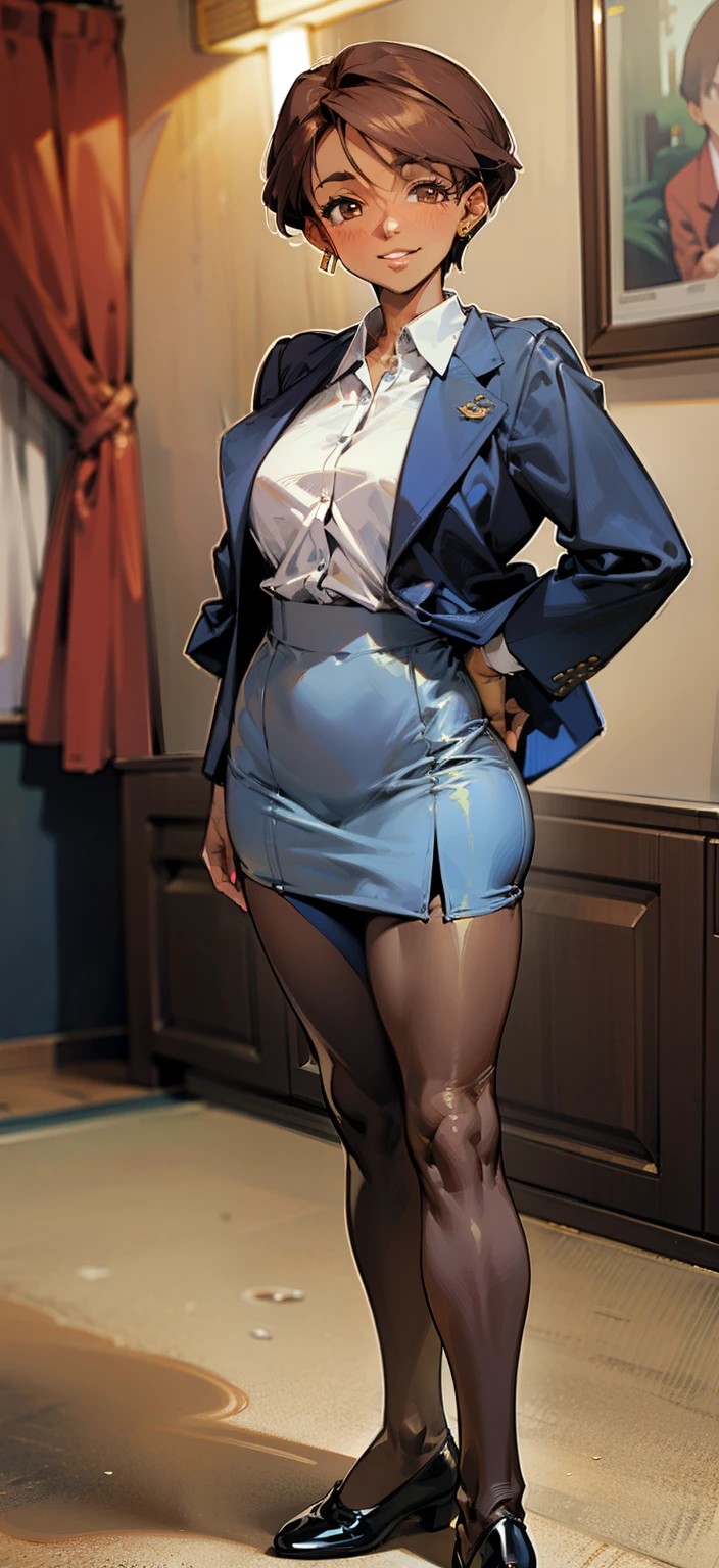 Night time, heat after rape,(Masterpiece), Best Quality, ultra-detailed, MIZUKITO, TAN, dark skin, naked body, EARRINGS, slender and sexy body, 1girl, solo, business suits, jacket(dark blue), nude, tight skirt(dark blue, closed), brown pantyhose, in the livingroom , facing viewer, looking at viewer, smile, parted lips, standing, Sexy waist teasing, mature women, a 40-year-old married woman, the mother of a friend, Full-body,
