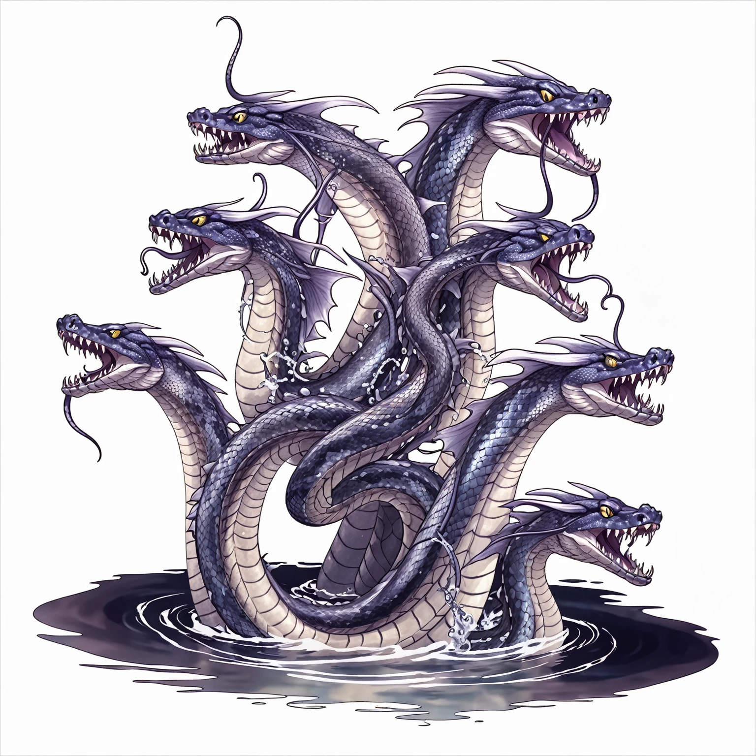 There are two big snakes in the water, Hydra with eight heads, Serpentine, Coiled realistic snake, Hydra, sea snake, many sucking tentacles. Hybrids, Jomon Gander, Full color illustrations, Naga, Many tentacles, jermungander, snakes surround them, Tentacles rising from the sea