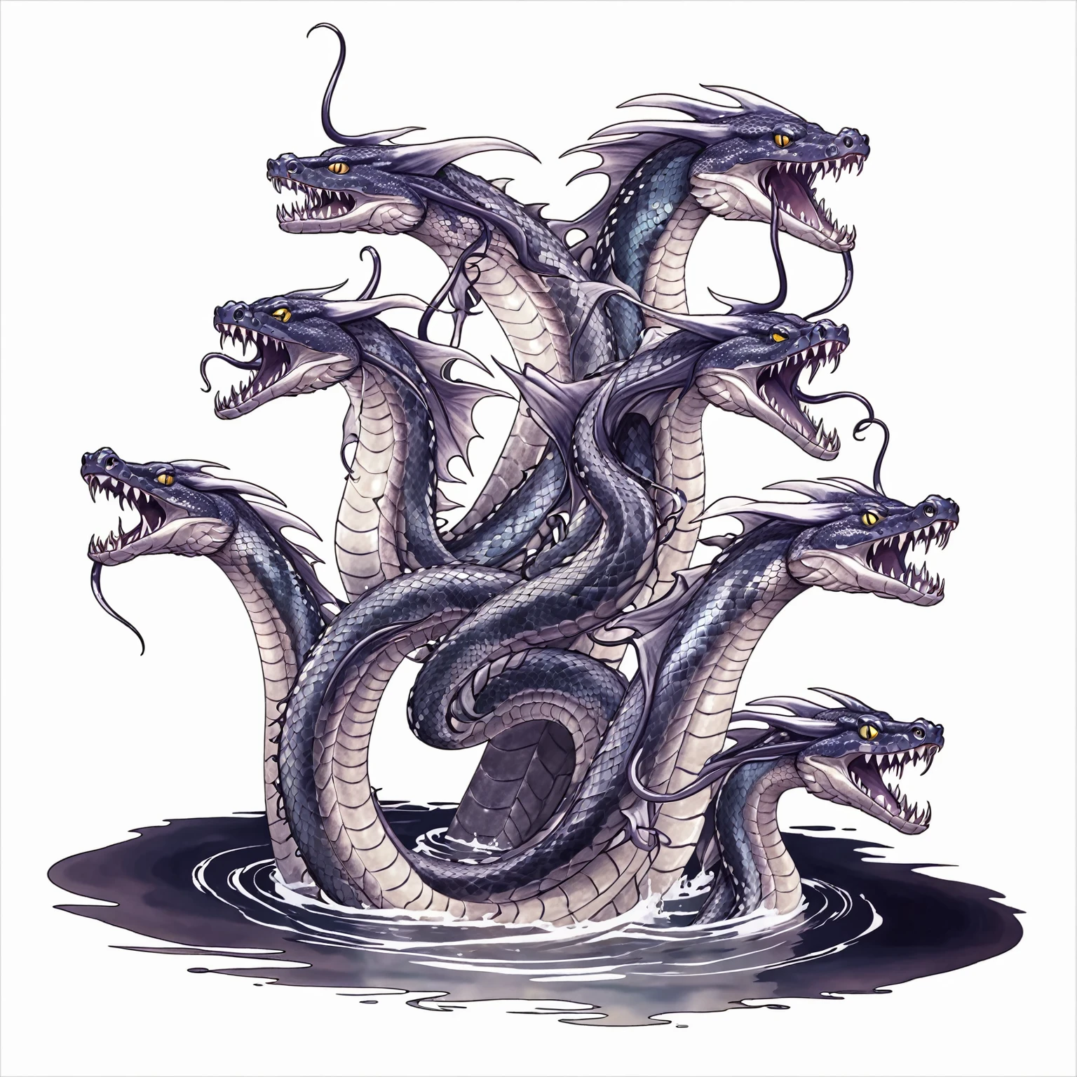 There are two big snakes in the water, Hydra with eight heads, Serpentine, Coiled realistic snake, Hydra, sea snake, many sucking tentacles. Hybrids, Jomon Gander, Full color illustrations, Naga, Many tentacles, jermungander, snakes surround them, Tentacles rising from the sea