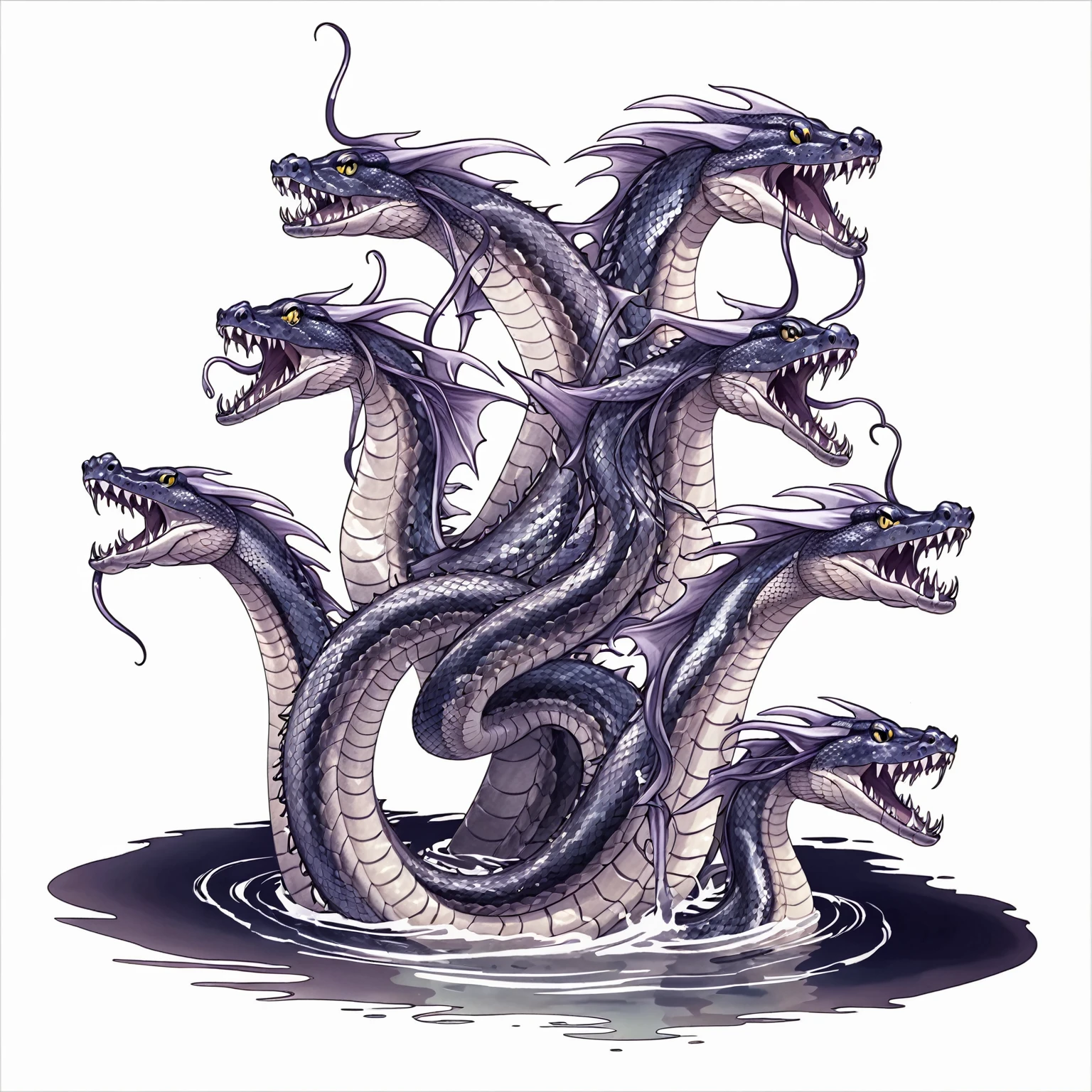 There are two big snakes in the water, Hydra with eight heads, Serpentine, Coiled realistic snake, Hydra, sea snake, many sucking tentacles. Hybrids, Jomon Gander, Full color illustrations, Naga, Many tentacles, jermungander, snakes surround them, Tentacles rising from the sea