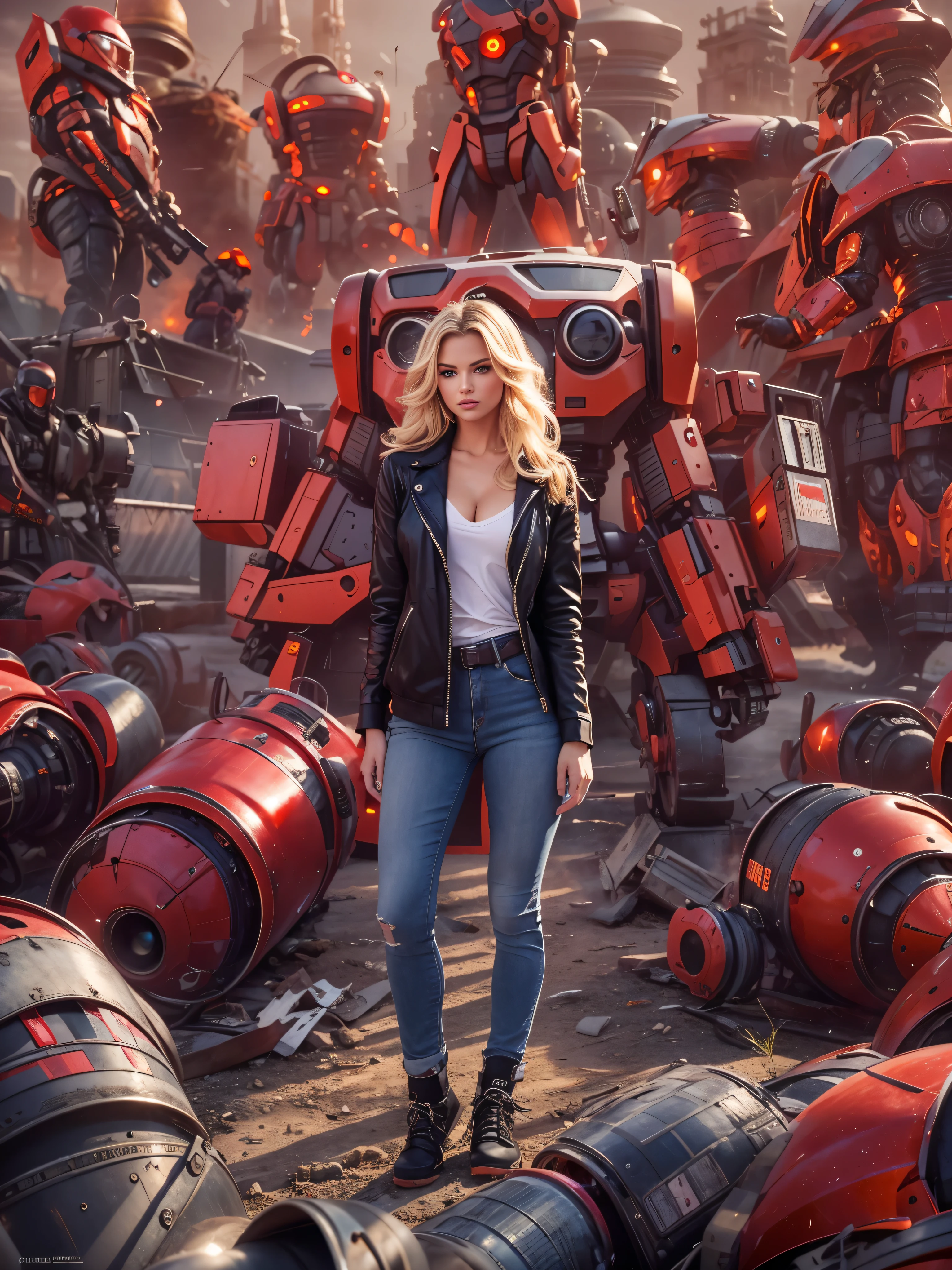 (Masterpiece.uhd.photorealistic).((Fisheye 5mm lens)) ((high angle shot))One ultra hot gorgeous European woman. Age 23. She’s a playmate and men magazine model.blonde wavy hair. High quality,Movie Light, full body, she’s standing in front of (a giant robot:1.3),she wears red shorts and black jacket, flirts with camera.early morning light.