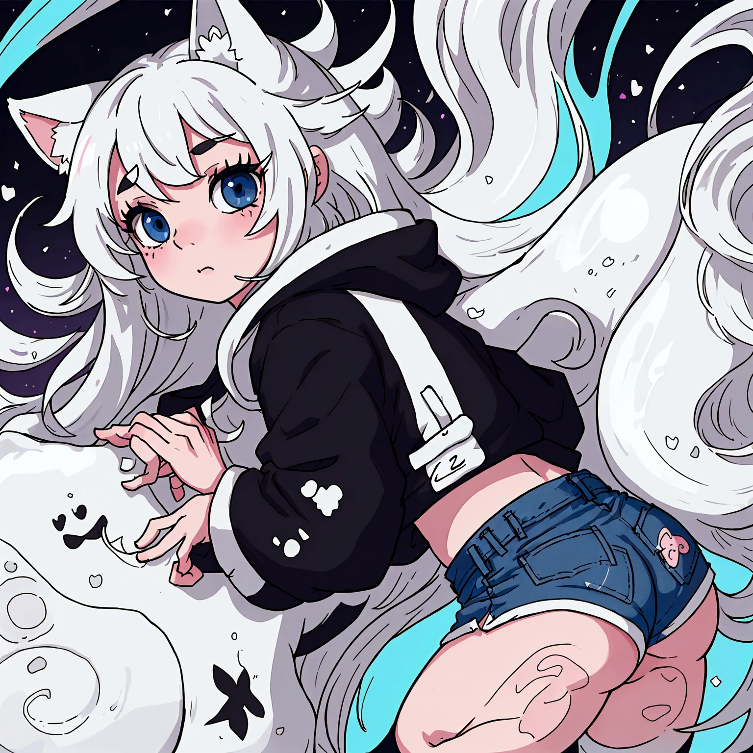 a cute adult male with wolf ears, long white hair, long locks, has a wolf tail, wearing a loose cropped oversized black hoodie, wearing a pair of denim short shorts and fishnet stockings, thick thighs, wide hips, relaxing on mound of fluffy multi colored kawaii plushies, short, very slim, showing slender tummy, heart on hoodie, squishy thighs, has glowing blue eyes. alone, solo (ALONE)(SOLO), surrounded by rainbows, colorful galaxy backround, turned around, shot from the back, big juicy butt, has a wedgie, in a breeding pose
