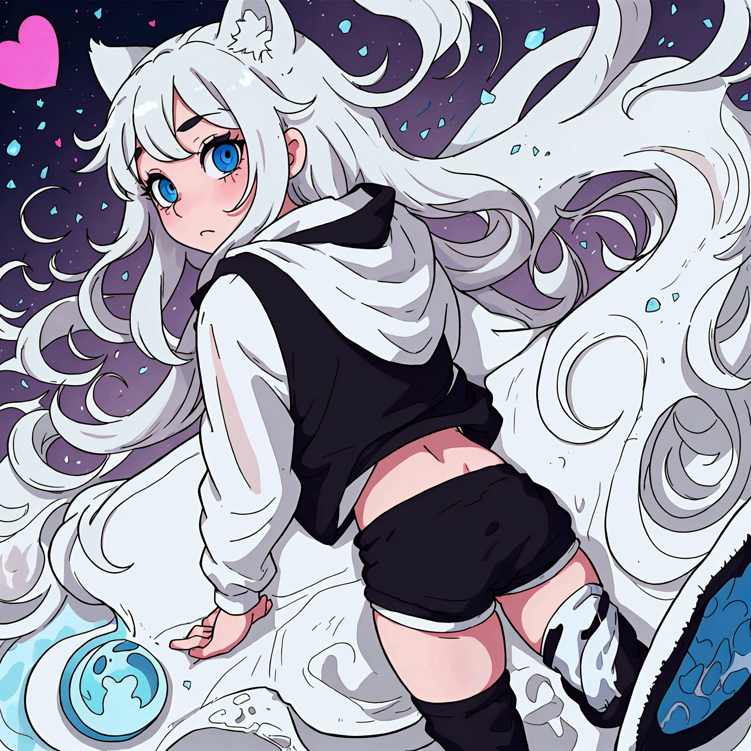 a cute adult male with wolf ears, long white hair, long locks, has a wolf tail, wearing a loose cropped oversized black hoodie, wearing a pair of denim short shorts and fishnet stockings, thick thighs, wide hips, relaxing on mound of fluffy multi colored kawaii plushies, short, very slim, showing slender tummy, heart on hoodie, squishy thighs, has glowing blue eyes. alone, solo (ALONE)(SOLO), surrounded by rainbows, colorful galaxy backround, turned around, shot from the back, big juicy butt, has a wedgie, in a breeding pose
