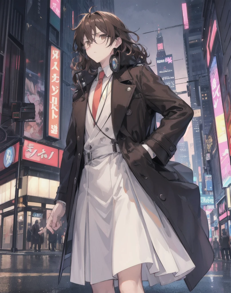 "A 2D anime-style image of a male character standing in the middle of a bustling city street at night. The character has dark brown curly hair, wears round glasses, a white dress shirt, a light brown trench coat, and black headphones over his ears. He has a focused expression, looking slightly upward. The background features tall buildings with illuminated signs and neon lights, a night sky with stars, and streetlights casting a warm glow. Ensure the overall style and proportions are realistic and closely match the reference image, capturing the details such as the folds in his coat, the texture of his hair, and the reflection in his glasses."