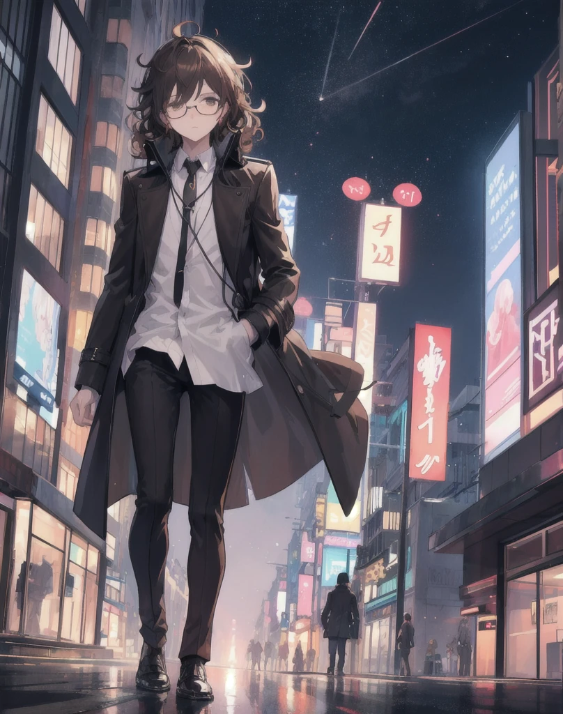 "A 2D anime-style image of a male character standing in the middle of a bustling city street at night. The character has dark brown curly hair, wears round glasses, a white dress shirt, a light brown trench coat, and black headphones over his ears. He has a focused expression, looking slightly upward. The background features tall buildings with illuminated signs and neon lights, a night sky with stars, and streetlights casting a warm glow. Ensure the overall style and proportions are realistic and closely match the reference image, capturing the details such as the folds in his coat, the texture of his hair, and the reflection in his glasses."