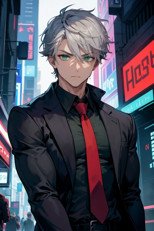 a boy, gray hair, green eyes, slight muscles, black shirt, red tie, cyberpunk