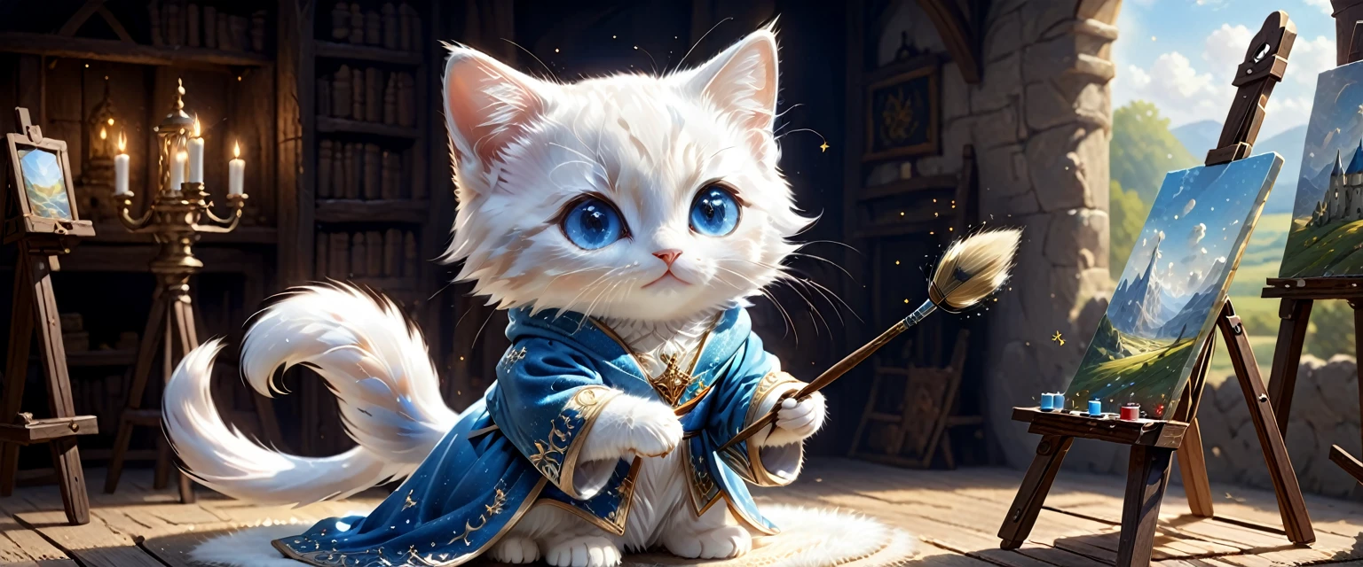 C4tt4stic, the setting is medieval Europe, the surroundings are a fantastic space surrounded by light particles, glittering and shining, wearing a luxurious robe, small and cute creature illustration, anthropomorphic blue eyes, white fur kitten, two arms, two legs, looking away, painter, holding a brush, painting on a canvas on an easel. Background is a summer rural landscape, fantasy art, exquisite details, Jean-Baptiste Monge style, Alan Lee style, movie scene, dramatic shot angle, atmospheric particles, real, raw cinematic photorealism, action portrait, 8k, detailed, full frame, highly detailed,