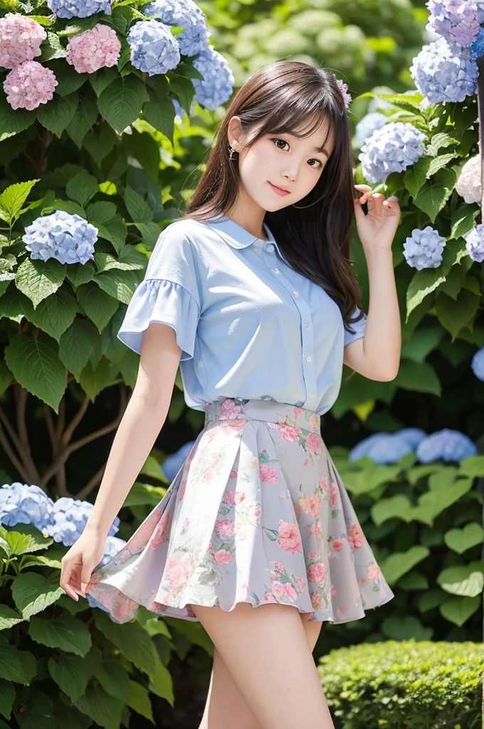 A cute 20-year-old girl in a park with hydrangeas in bloom（mini skirt）