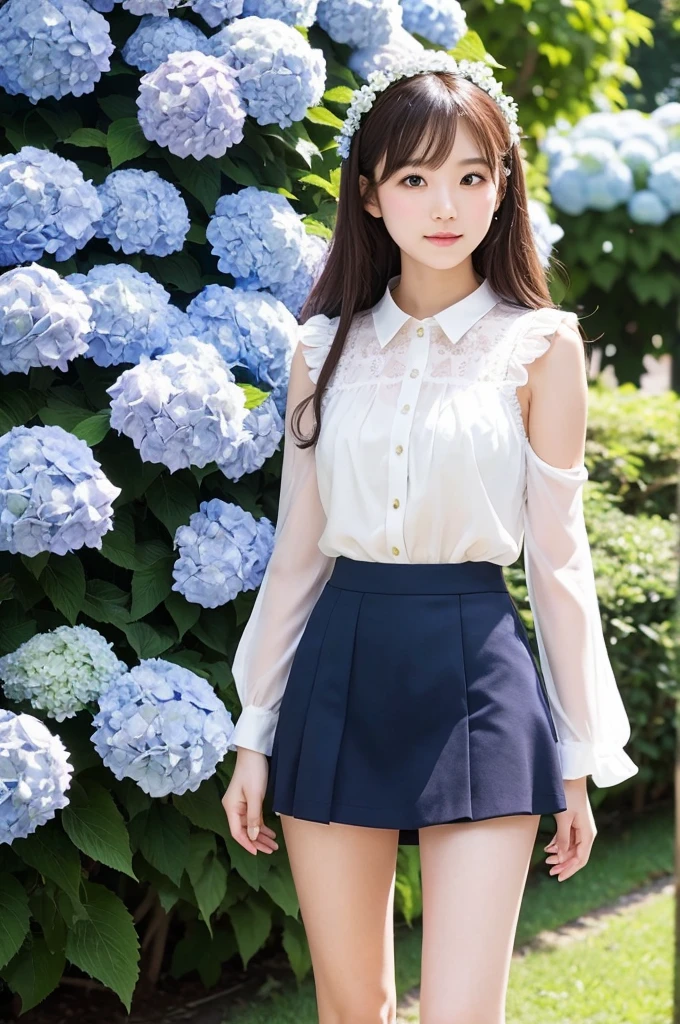A cute 20-year-old girl in a park with hydrangeas in bloom(mini skirt)