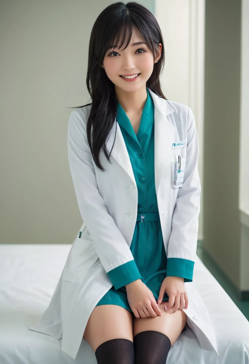 smiling stunning beautiful slim Japanese girl, wearing (white labcoat, teal shirtdress, white stockings), black hair, (clean modern upscale hospital room), photo, 1girl, cute, ultra high res, realistic photorealistic, ultra-detailed, finely detailed, high resolution, perfect dynamic composition, (perfect eyes), (detailed eyes), (clean eyes), (heart hands)