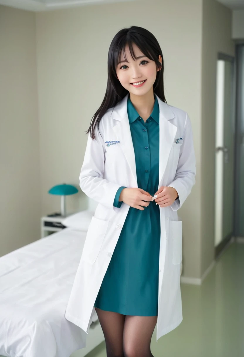 smiling stunning beautiful slim Japanese girl, wearing (white labcoat, teal shirtdress, white stockings), black hair, (clean modern upscale hospital room), photo, 1girl, cute, ultra high res, realistic photorealistic, ultra-detailed, finely detailed, high resolution, perfect dynamic composition, (perfect eyes), (detailed eyes), (clean eyes), (heart hands)