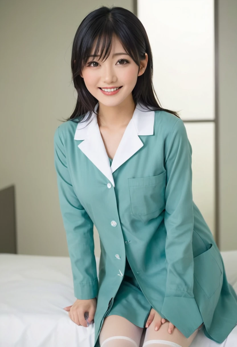 smiling stunning beautiful slim Japanese girl, wearing (white labcoat, teal shirtdress, white stockings), black hair, (clean modern upscale hospital room), photo, 1girl, cute, ultra high res, realistic photorealistic, ultra-detailed, finely detailed, high resolution, perfect dynamic composition, (perfect eyes), (detailed eyes), (clean eyes), (heart hands)