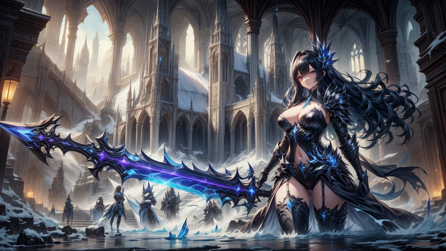 masterpiece, best quality, high quality, detailed, ultra detailed, hyper detailed, insanely detailed, exquisite, beautiful, FHD, Full-HD, 4K, 8K, 16K, highres, absurdres, background, a girl, beautiful, fantasy,battlefield,hailoknight, holding sword, holding weapon,mksks