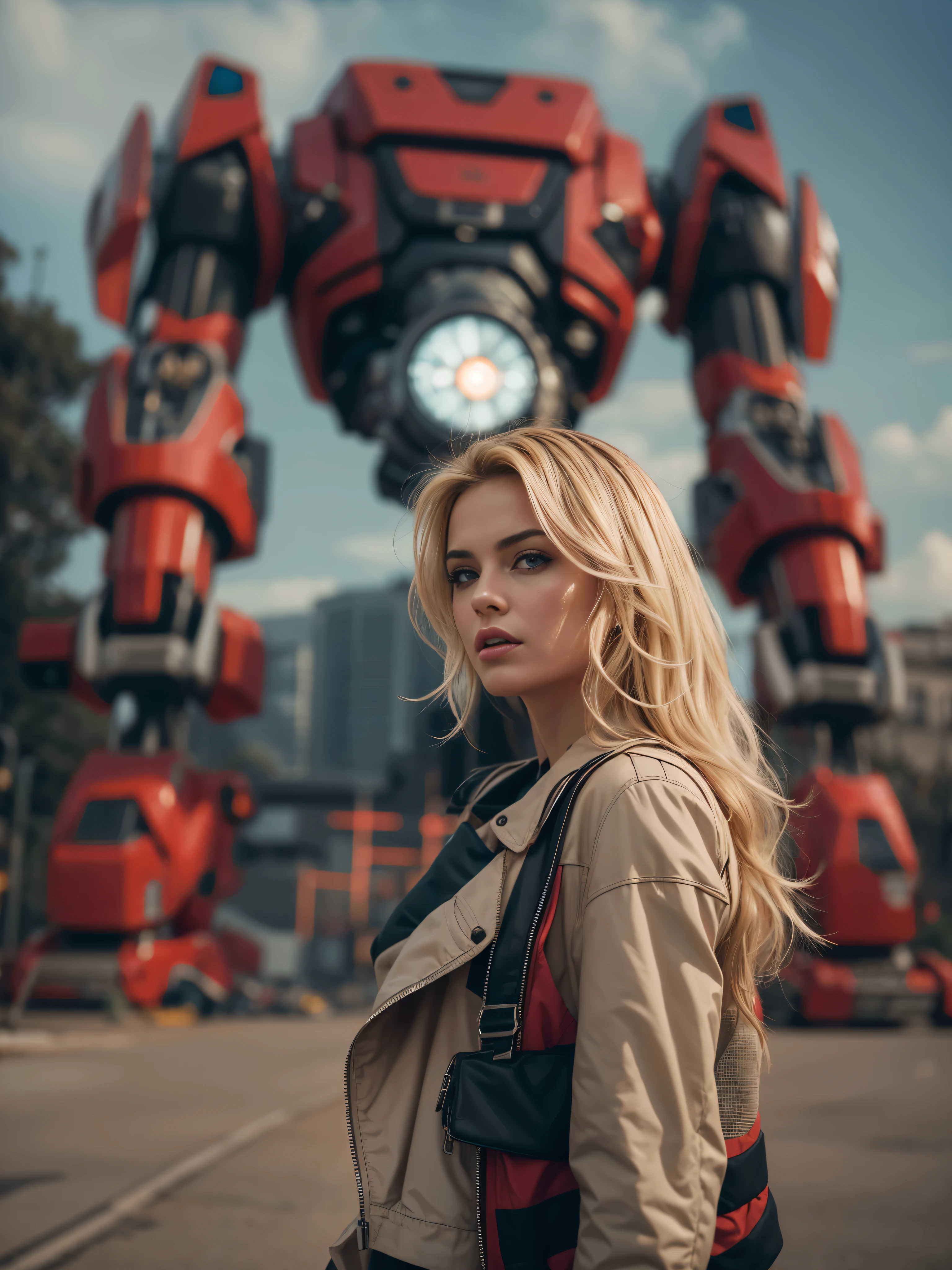 (Ultra high-definition imageidelity :1.2),Realistic,High quality,Movie Light, full body, 1 gorgeous european blonde woman, (stands in front of a giant robot:1.3),she wears red shorts and black jacket, flirts with camera