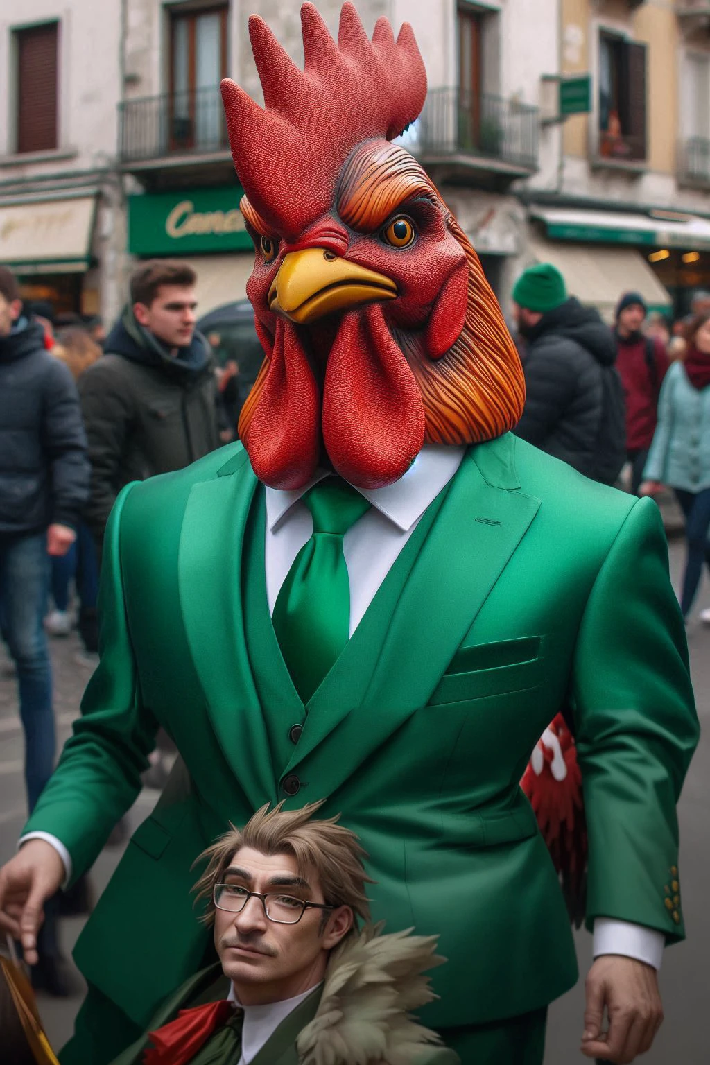 araffe wearing a green suit and a red Rooster mask, Man dressed as a chicken, green head, Anthropomorphic chicken, wearing green suit, the king of Rooster, Rooster, carnival, chicken man, Pride and arrogance, bird mask, Rooster!!!!, Pride and arrogance smirk, Costumes, author Matteo Pérez, author：Luis Molinari
