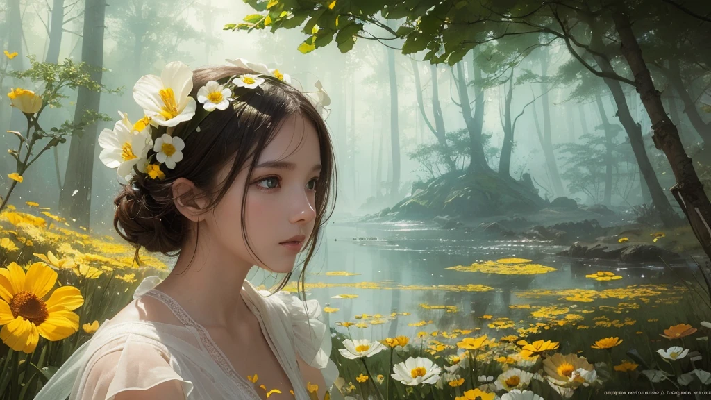 32k, Masterpiece, highest quality, One girl, Detailed eyes, flower,Sandersonia, Yellow and white style,A dreamy, romantic piece,Pale orange, Mysterious Leaves,A playful arrangement,Fantasy,High Contrast,Ink strokes,explosion,Exposure, Impression of yellow and white tones,Abstract,((Watercolours by John Berkey and Jeremy Mann )) Brush strokes,Negative Space, Tyndall effect,