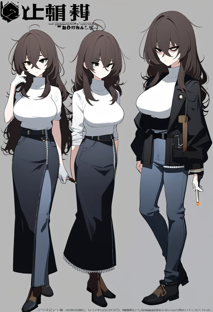 One Woman,Downer,older sister,Concept Art,Dark brown hair,Straight hair with slight inward curls,Staring eyes,Eye Ridge,black eye,Crossed bangs,whole body,smile,Larger breasts,Gray background,Bangs that reach down to the eyes,Messy hair,Perfect dark jeans,White turtleneck sweater,Multiple views of the same character,Character Design,Dark circles under the eyes,Bad look,Listless,Sloppy,accessories,Arknights Wind,Cafe staff,Holding a cigarette,whole bodyCharacter Design,