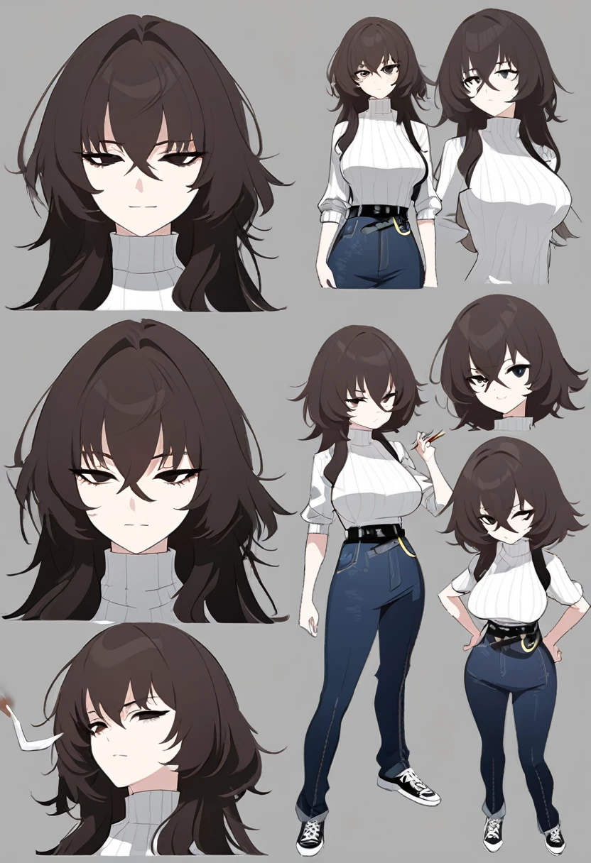 One Woman,Downer,older sister,Concept Art,Dark brown hair,Straight hair with slight inward curls,Staring eyes,Eye Ridge,black eye,Crossed bangs,whole body,smile,Larger breasts,Gray background,Bangs that reach down to the eyes,Messy hair,Perfect dark jeans,White turtleneck sweater,Multiple views of the same character,Character Design,Dark circles under the eyes,Bad look,Listless,Sloppy,accessories,Arknights Wind,Cafe staff,Holding a cigarette,whole bodyCharacter Design,