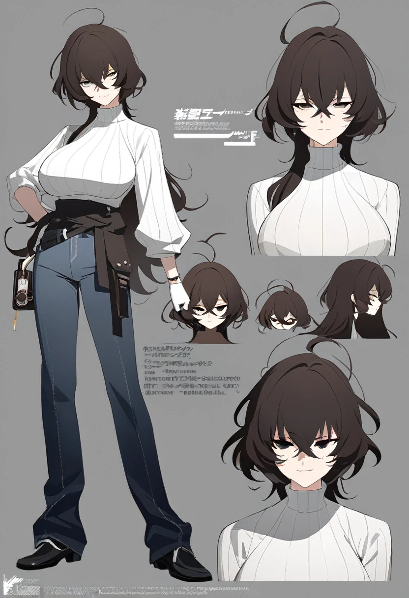 One Woman,Downer,older sister,Concept Art,Dark brown hair,Straight hair with slight inward curls,Staring eyes,Eye Ridge,black eye,Crossed bangs,whole body,smile,Larger breasts,Gray background,Bangs that reach down to the eyes,Messy hair,Perfect dark jeans,White turtleneck sweater,Multiple views of the same character,Character Design,Dark circles under the eyes,Bad look,Listless,Sloppy,accessories,Arknights Wind,Cafe staff,Holding a cigarette,whole bodyCharacter Design,