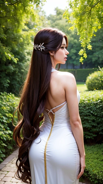 a beautiful woman with long brown hair, wearing a white dress, standing in a lush garden, (best quality,4k,8k,highres,masterpiece:1.2),ultra-detailed,(realistic,photorealistic,photo-realistic:1.37),detailed hair,detailed dress, beautiful detailed eyes,beautiful detailed lips,extremely detailed face,longeyelashes,intricate details,serene atmosphere,natural lighting,vibrant colors,cinematic composition, ((Back View))