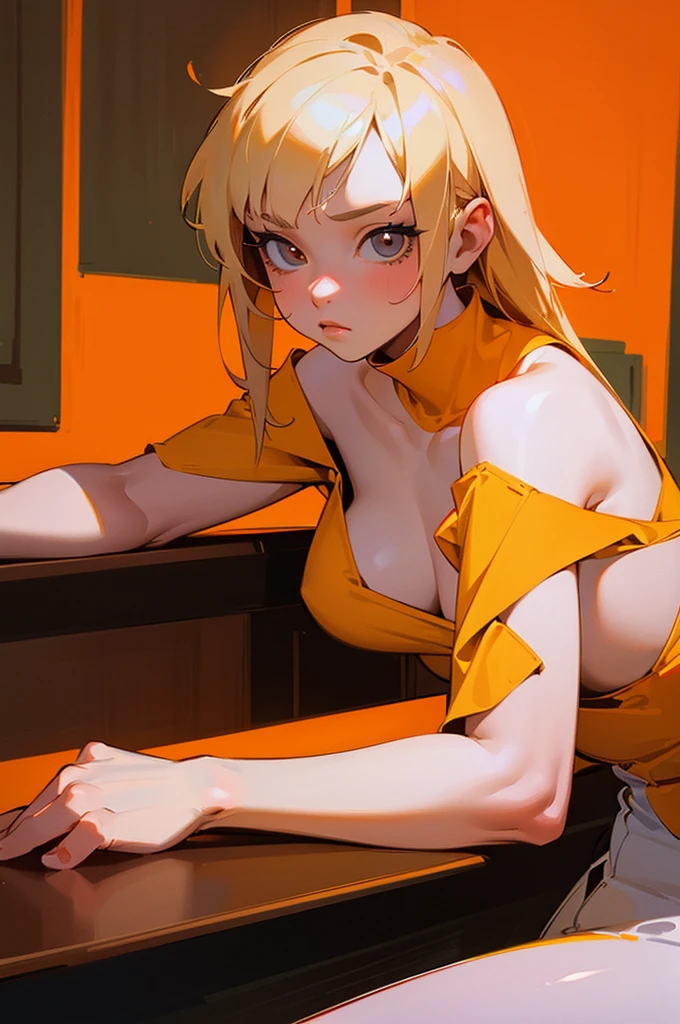 In the style of Boris Vallejo. hyperrealism, simple line drawing, beauty age woman with striking breast laying on the table top in bar, orange and white colour,