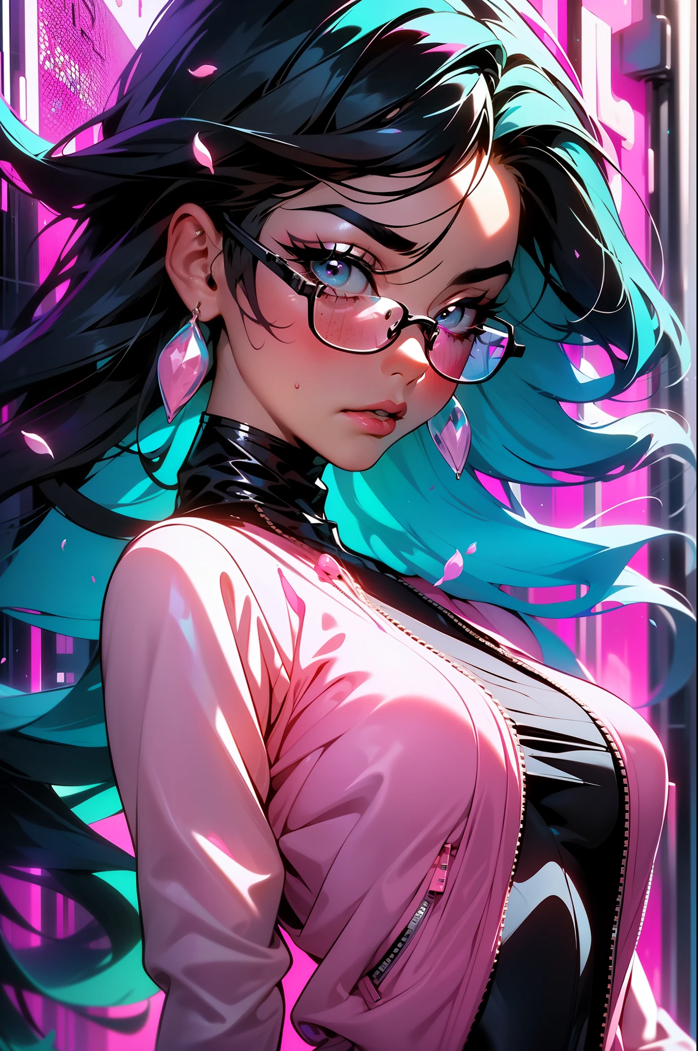 official art, unity 8k wallpaper, ultra detailed, beautiful and aesthetic, masterpiece, best quality, (cyberpunk female woman) wearing (Rose Quartz Pink Denim Jacket with chromatic accents:1.1), sleek full bodysuit, vibrant colors, wearing sharp retro glasses, (Petal Blush,Lagoon Blue color background:1.3), art style of Patrick Nagel