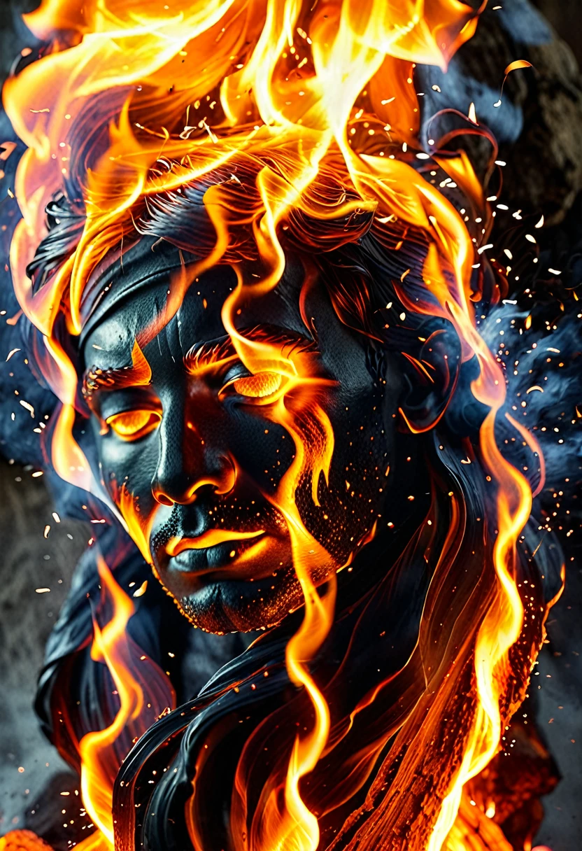 man engulfed in flames, cinematic photo, fire element, composed of fire elements hrglw, highly detailed, (fire element:1.1),composed of fire elements,(1man:1.3),burning,transparency,fire,(molten rock),flame skin,flame print, hair of fire (((a man wrapped in flames soaring flames radiating sparks))),the burning hand, (Masterpiece, high quality, best quality),(fire element:1.1),composed of fire elements,burning,(man:1.2),fire,molten rock,flame skin,flame print,fiery hair, skin glowing like charcoal