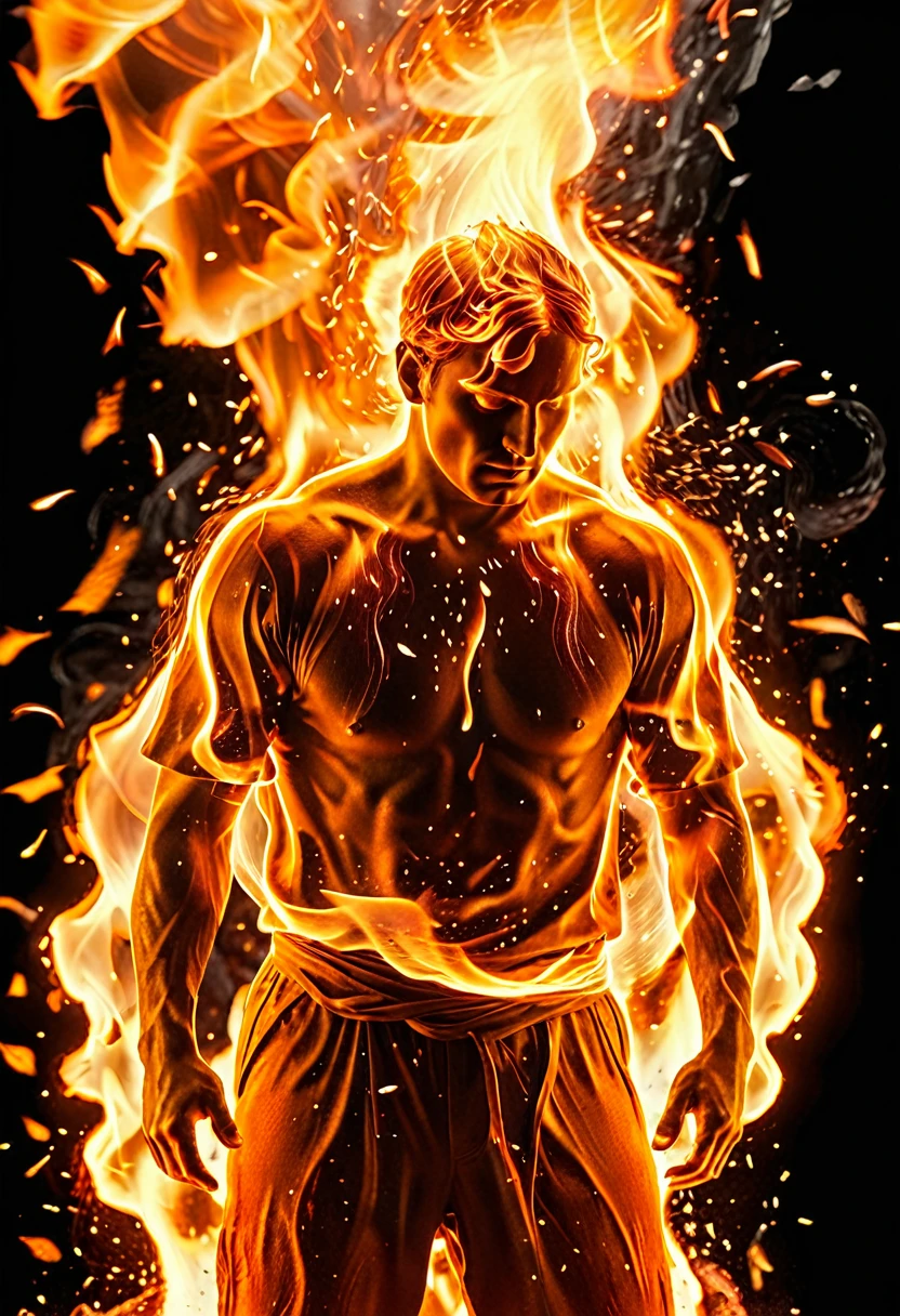 man engulfed in flames, cinematic photo, fire element, composed of fire elements hrglw, highly detailed, (fire element:1.1),composed of fire elements,(1man:1.3),burning,transparency,fire,(molten rock),flame skin,flame print, hair of fire (((a man wrapped in flames soaring flames radiating sparks))),the burning hand, (Masterpiece, high quality, best quality),(fire element:1.1),composed of fire elements,burning,(man:1.2),fire,molten rock,flame skin,flame print,fiery hair, skin glowing like charcoal