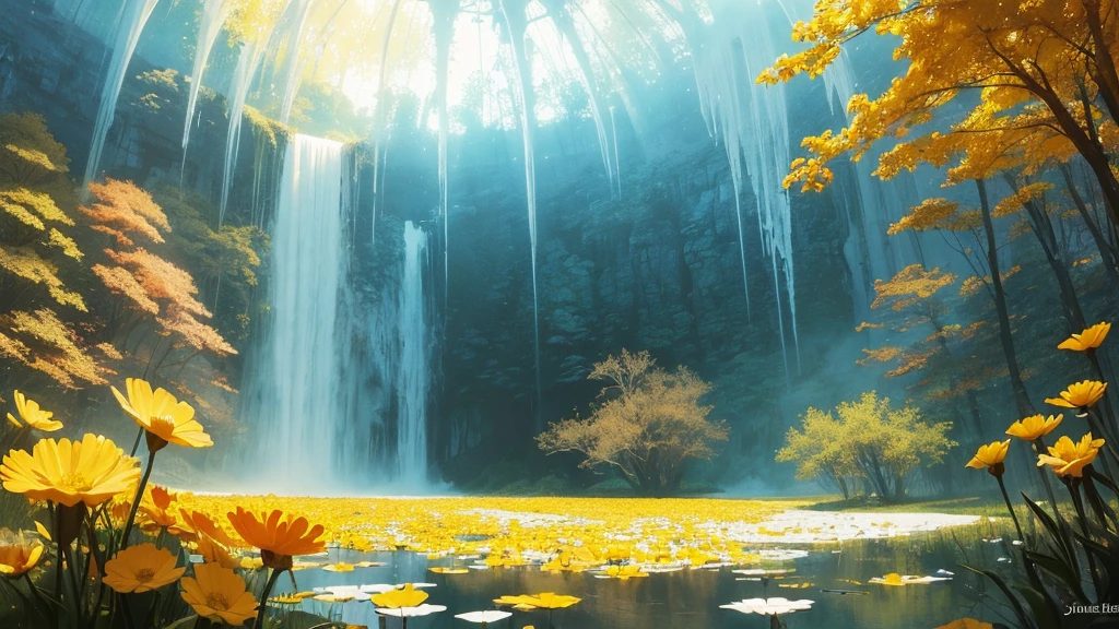 32k, Masterpiece, highest quality, One girl, Detailed eyes, flower,Sandersonia, Yellow and white style,A dreamy, romantic piece,Pale orange, Mysterious Leaves,A playful arrangement,Fantasy,High Contrast,Ink strokes,explosion,Exposure, Impression of yellow and white tones,Abstract,((Watercolours by John Berkey and Jeremy Mann )) Brush strokes,Negative Space, Tyndall effect,