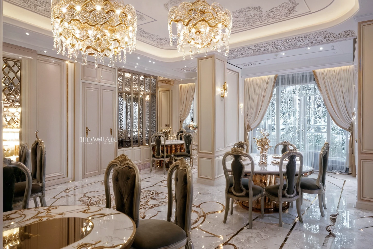，Masterpiece, Best quality，8K, Ultra-high resolution，When you step into the dining room and kitchen，Immediately surrounded by a rich atmosphere of luxury。Ornate crystal chandeliers hang high on the wall，Shine brightly。The sofa was covered with a soft white fluffy blanket，It is so comfortable，So much so that you can't help but indulge in it。In the corner of the dining room is a delicate coffee table，Embellished with precious porcelain and champagne gold ornaments。Whenever it is late afternoon，The afterglow from the window spilled on the floor，Soft light and shadow are reflected，It was as if entering a dreamland。