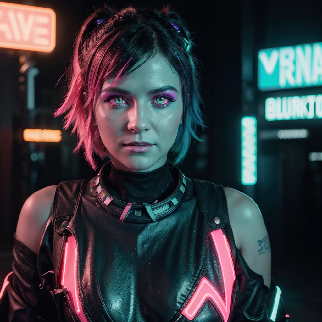best quality, 8k,highres,masterpiece:1.2,ultra-detailed,realistic:1.37,physically-based rendering,professional,vivid colors,studio lighting,sharp focus,bokeh,portraits,photography,concept artists,blue tone lighting,long smooth hair,electroluminescent lines,cyberpunk neon signs,reflective surfaces,glowing eyes, cinematic film still closeup,fantasy,beautiful neon green and black photograph of a woman with blue hair and makeup, (ohwx woman:1.3) blacklight aesthetic, girl aesthetic, aesthetic cyberpunk, cyber aesthetic, aesthetic!!!!!!!! analogue RAW DSLR photograph, photorealistic, looking at viewer, closeup portrait, 1 girl, smiling, Tron scifi cyberpunk background, neon, ((sexy neon dress)), short hair, large breast, neon hair, glowing dress, synthwave aesthetic, cyberpunk vibes, dark neon punk, aesthetic, cyberpunk vibe, neon green and pink neon, fantasy aesthetic!, girl screamin yolo - aesthetic, ultraviolet and neon colors, cyberpunk fashion,cyberpunk makeup,emitting light,subtle shadows,complex background,cityscape,glowing holograms,futuristic atmosphere,,expressive face,dynamic pose,fierce expression,captivating gaze,detailed fingers and nails,digital effects,neon glow,fluid movements,confident stance,interesting angles,striking visual,mesmerizing presence,brilliant colors,high-tech setting,techie accessories,impressive visual (glowing pink eyes:1.2),