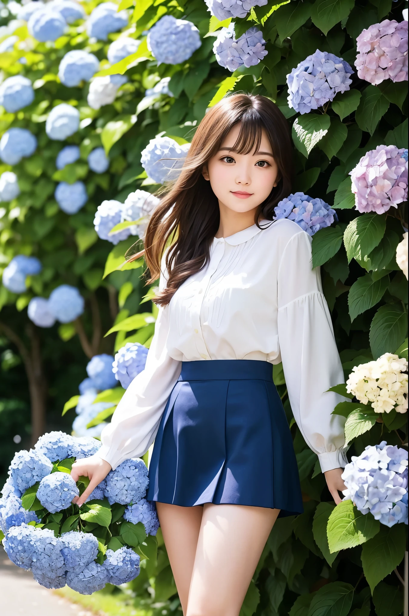 A cute 20-year-old girl standing in a park with hydrangeas in bloom（mini skirt）