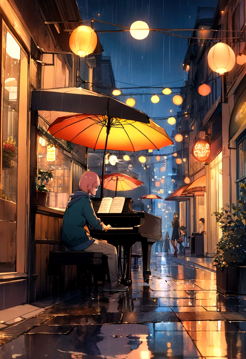 (highest quality,8k,High resolution, ), Rain-soaked street, Colorful umbrellas dot the cityscape with blue and pink splashes. Neon sign in retro style、Reflection on wet pavement, Establishment of the Lower Urban Symphony. Soft piano melodies set the mood, Evokes a calm and meditative atmosphere. people々Flock to a cozy café, While the rain is dancing outside、Drink hot drinks, Turn the city into a serene lofi、Man sitting on bench