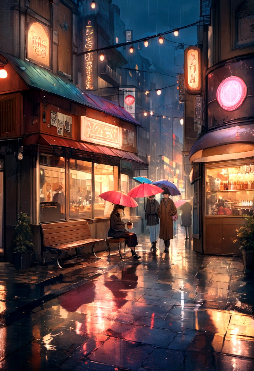 (highest quality,8k,High resolution, ), Rain-soaked street, Colorful umbrellas dot the cityscape with blue and pink splashes. Neon sign in retro style、Reflection on wet pavement, Establishment of the Lower Urban Symphony. Soft piano melodies set the mood, Evokes a calm and meditative atmosphere. people々Flock to a cozy café, While the rain is dancing outside、Drink hot drinks, Turn the city into a serene lofi、Man sitting on bench