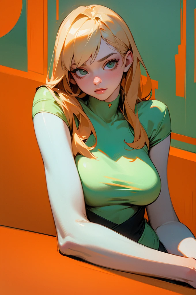 In the style of Boris Vallejo. hyperrealism, simple line drawing, beauty age mint-eyed woman with striking breast laying on the table top in bar, orange and white colour,