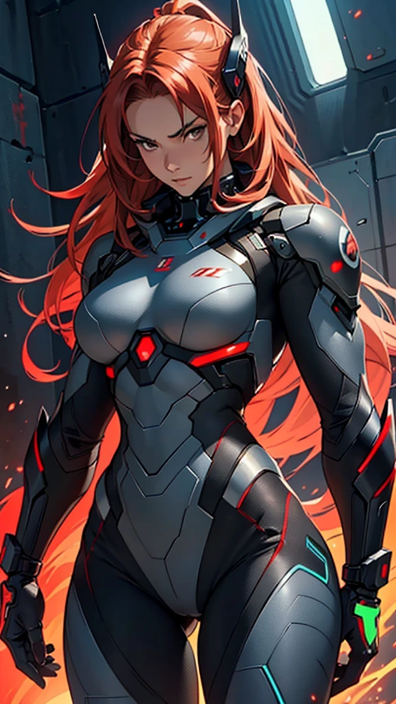 Beautiful cybernetic girl wearing a black mobile cybernetic battle suit detailed muscles realistic masterpieces full figure pose (best quality,ultra-detailed), red-haired girl, brown eyes, fair skin, fit body, slim figure, narrow waist, large buttocks, (cocky expression), dynamic pose