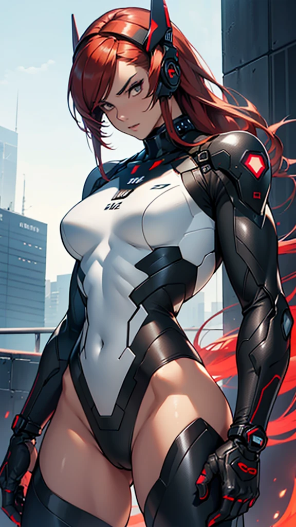 Beautiful cybernetic girl wearing a black mobile cybernetic battle suit detailed muscles realistic masterpieces full figure pose (best quality,ultra-detailed), red-haired girl, brown eyes, fair skin, fit body, slim figure, narrow waist, large buttocks, (cocky expression), dynamic pose