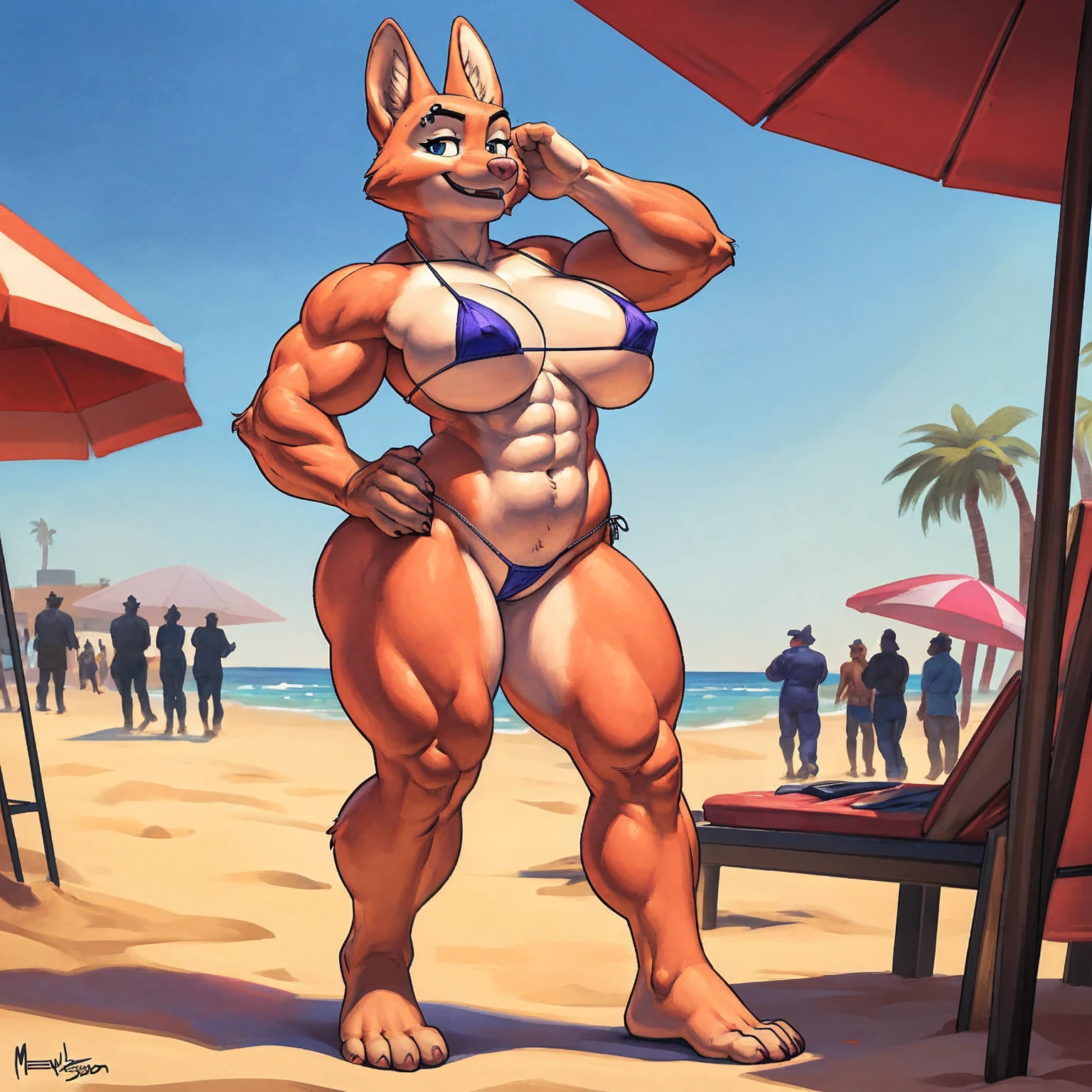 8K, ((masterpiece)), ((stunning artwork)), (carefully drawn), (highly detailed), solo, alone, uploaded to e621.net, solo, by meesh, by darkgem, by wfa, by kevinsano, diane foxington, eyebrow piercing, female, detailed eyes, perfect eyes, (huge breasts:1.1), nipple outline, (micro bikini:1.5), cameltoe, hyper hips, standing upright, older woman, milf, short, curvy, thick, muscular, buff, bodybuilder, bare midriff, bare feet, standing on sand, walking toward viewer, smiling, cute smile, tail, beachside, venice beach, los angeles, sunny day, brightly lit, standing upright, casual posture, crowded, figures in background