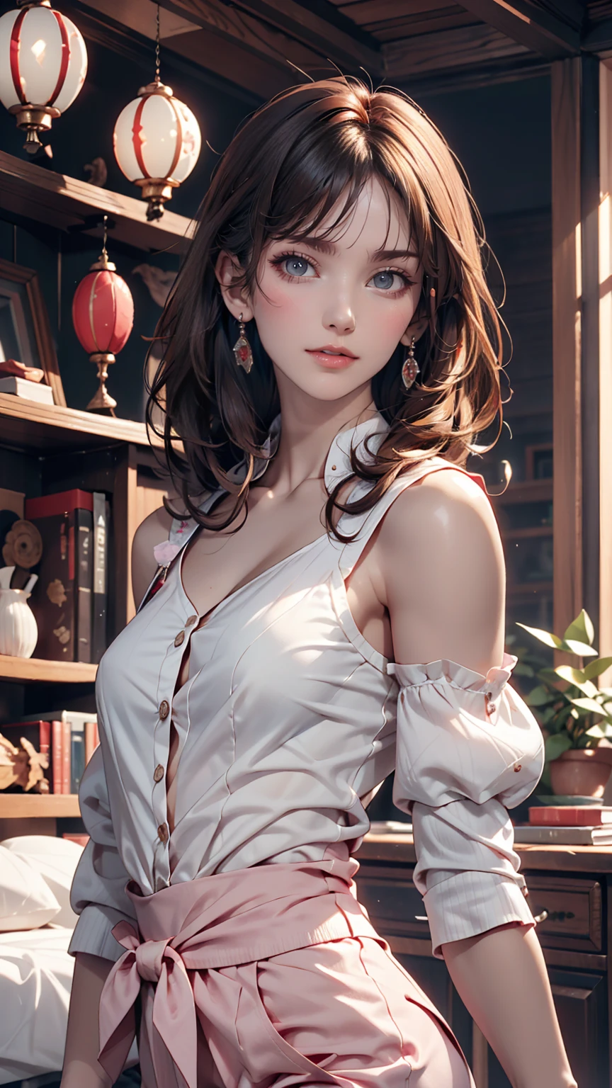 Gentle and attractive Chinese beauty, Half-body photo, Delicate and sexy collarbone, Attractive oval face, double eyelid, Bright pink eyes, Pink Lips, Small Nose, Exposing shoulders, Concentrated face, Face close-up, Ultra high definition, Super Detail, Elegant standing posture, Korean style puff sleeve square collar slim short shirt, Pair it with a high-waisted light-colored jeans suit.