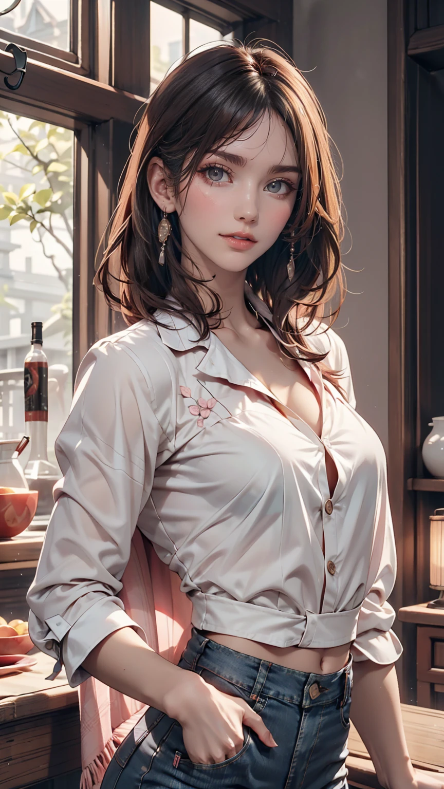 Gentle and attractive Chinese beauty, Half-body photo, Delicate and sexy collarbone, Attractive oval face, double eyelid, Bright pink eyes, Pink Lips, Small Nose, Exposing shoulders, Concentrated face, Face close-up, Ultra high definition, Super Detail, Elegant standing posture, Korean style puff sleeve square collar slim short shirt, Pair it with a high-waisted light-colored jeans suit.