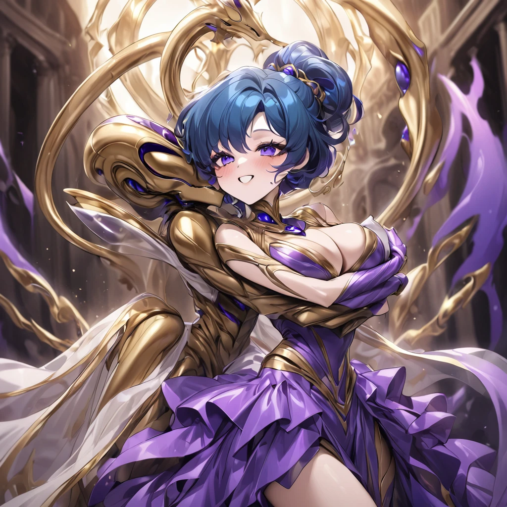 ((highest quality)), ((masterpiece)), (detailed), (Perfect Face)、The woman is an alien named Mercury, wearing a gorgeous alien dress decorated in purple and black with gold, with short blue hair and a completely alien body.、The woman is happily embracing and kissing the powerful alien king.