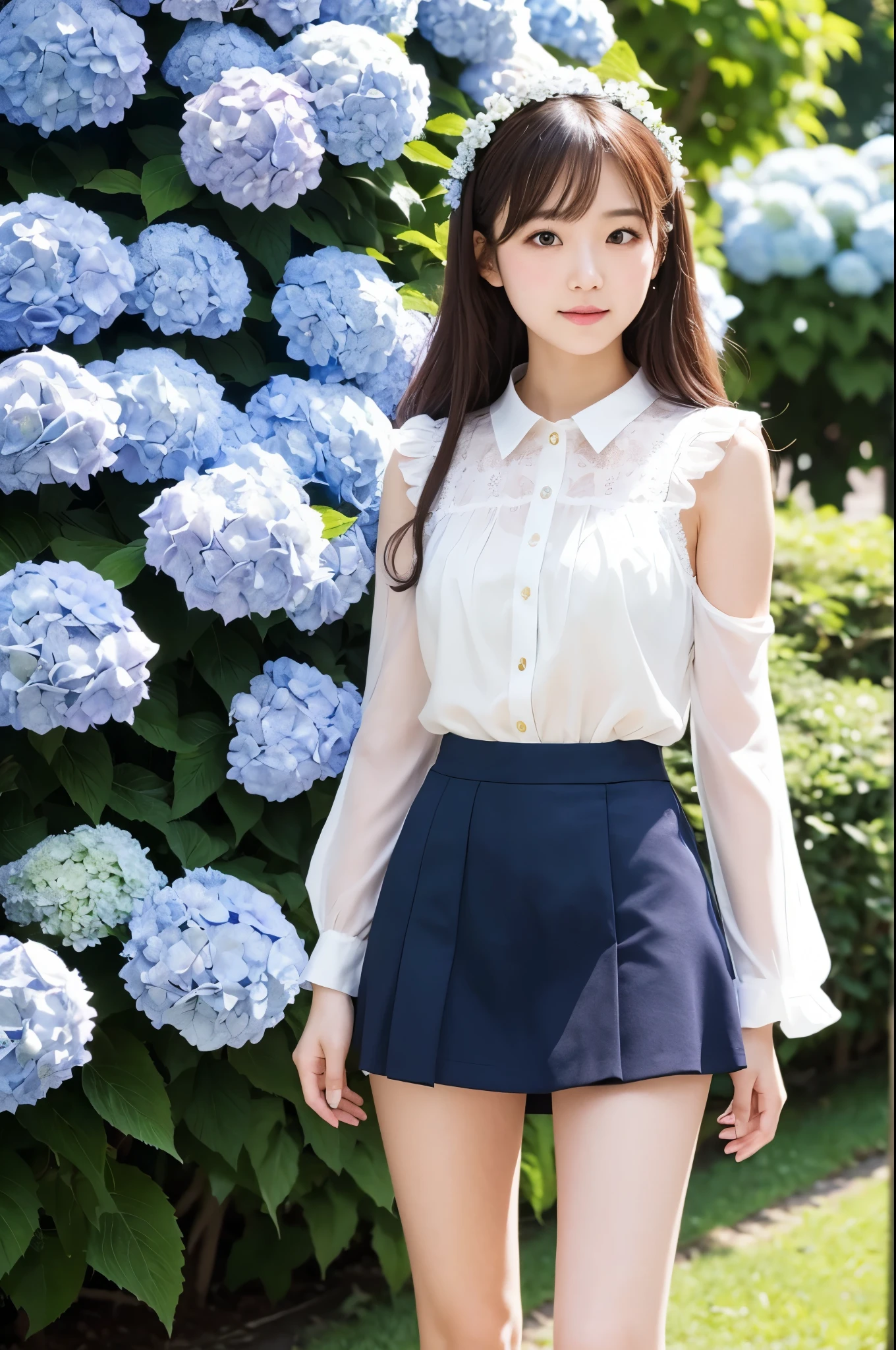 A cute 20-year-old girl in a park with hydrangeas in bloom(mini skirt)