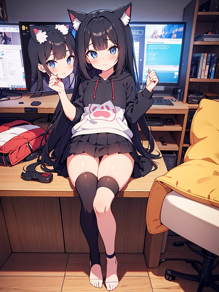 Anime girl with very long dark blue hair with straight bangs with some strands of hair next to her cheeks, slanted fuchsia eyes with a smile on her face mature body a mole under each eye wearing a gray skirt with long stockings up to her legs and a white shirt with a light blue sweater sitting on the floor
