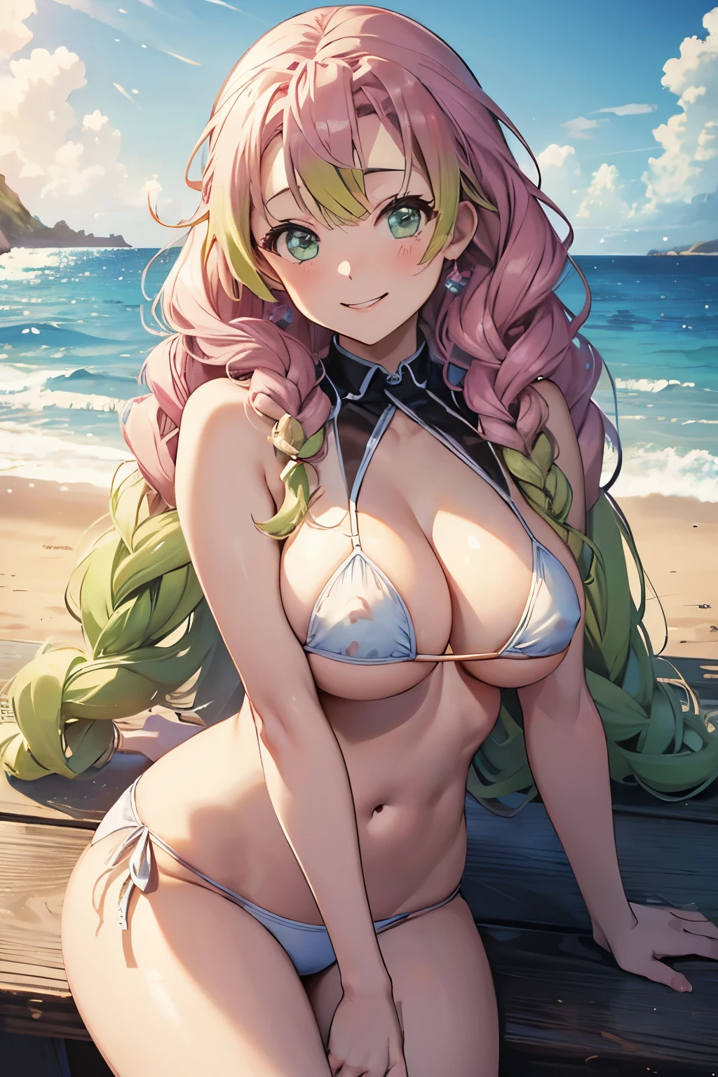 (8K、masterpiece、Highly detailed background、high resolution)、(mitsuri kanroji)、Cleavage、(beach、White Bikini、Gravure pose、Embarrassed smile、Nipple protrusion)