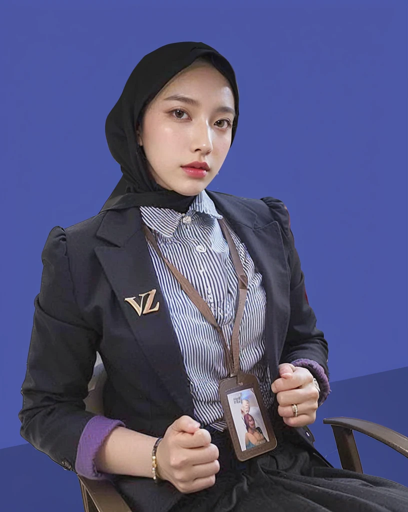 (Best quality, 8k, 32k, Masterpiece, UHD:1.2),Photo of Pretty Japanese hijab woman, large breasts, clean background, photo studios, fetish hijab, woman hijab sitting in a chair, digital art, gucci style, gucci clothes, album, official artwork, streetwear graphic design ,photo in studio, clean background, The Queen.